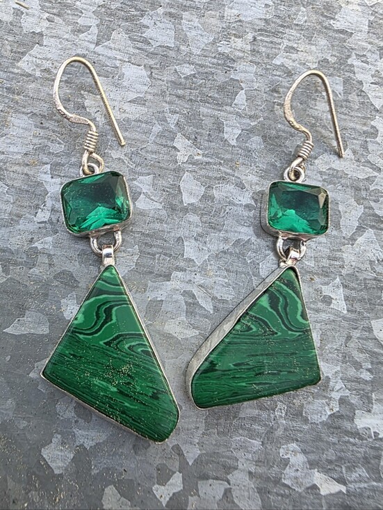 Malachite & Chrome Diopside Art Deco Earrings In 925 Sterling Silver (2.5\